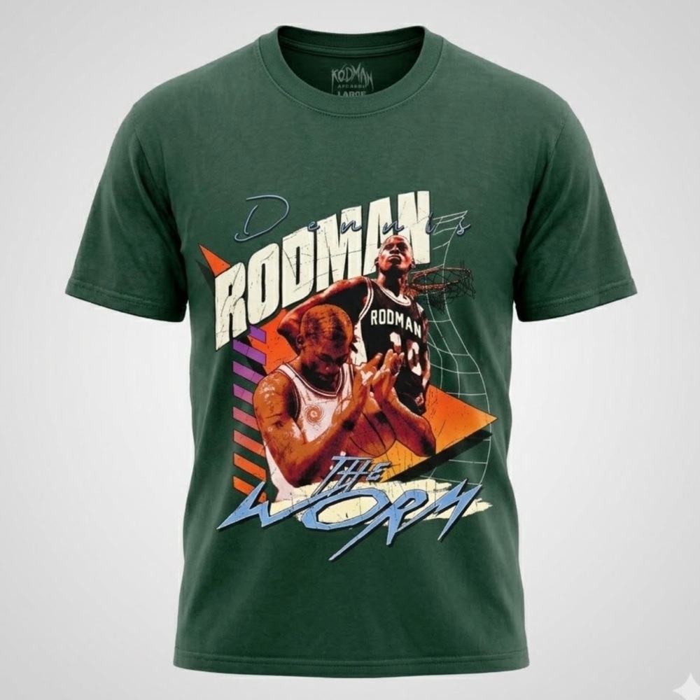 Rodman Apparel Dennis Rodman The Worm Graphic T-Shirt Green Mens Large NBA Bulls